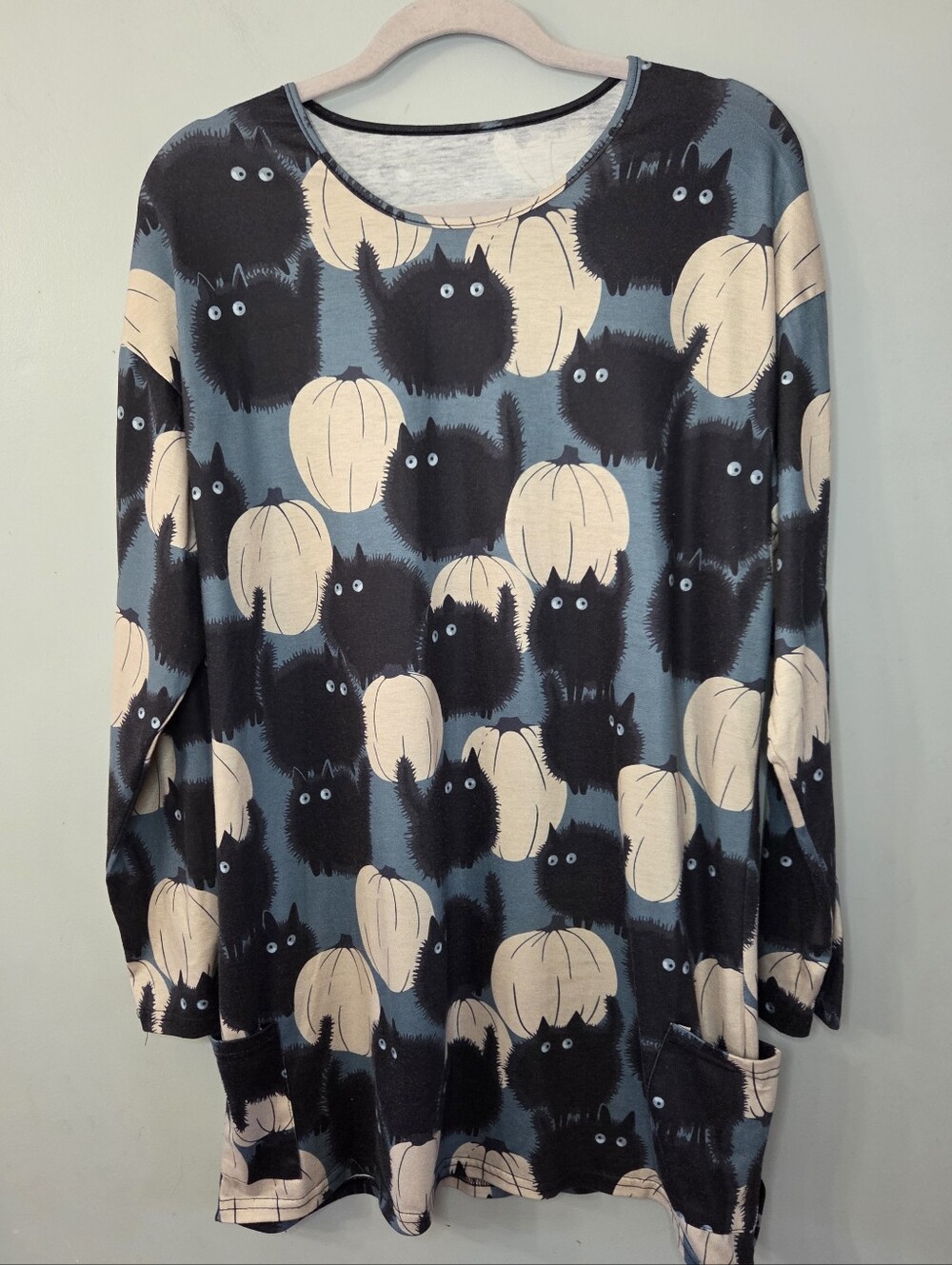 Halloween Swing Tunic Top Pumpkin Black Cat Crew Neck Long Sleeve Size 2XL Blue